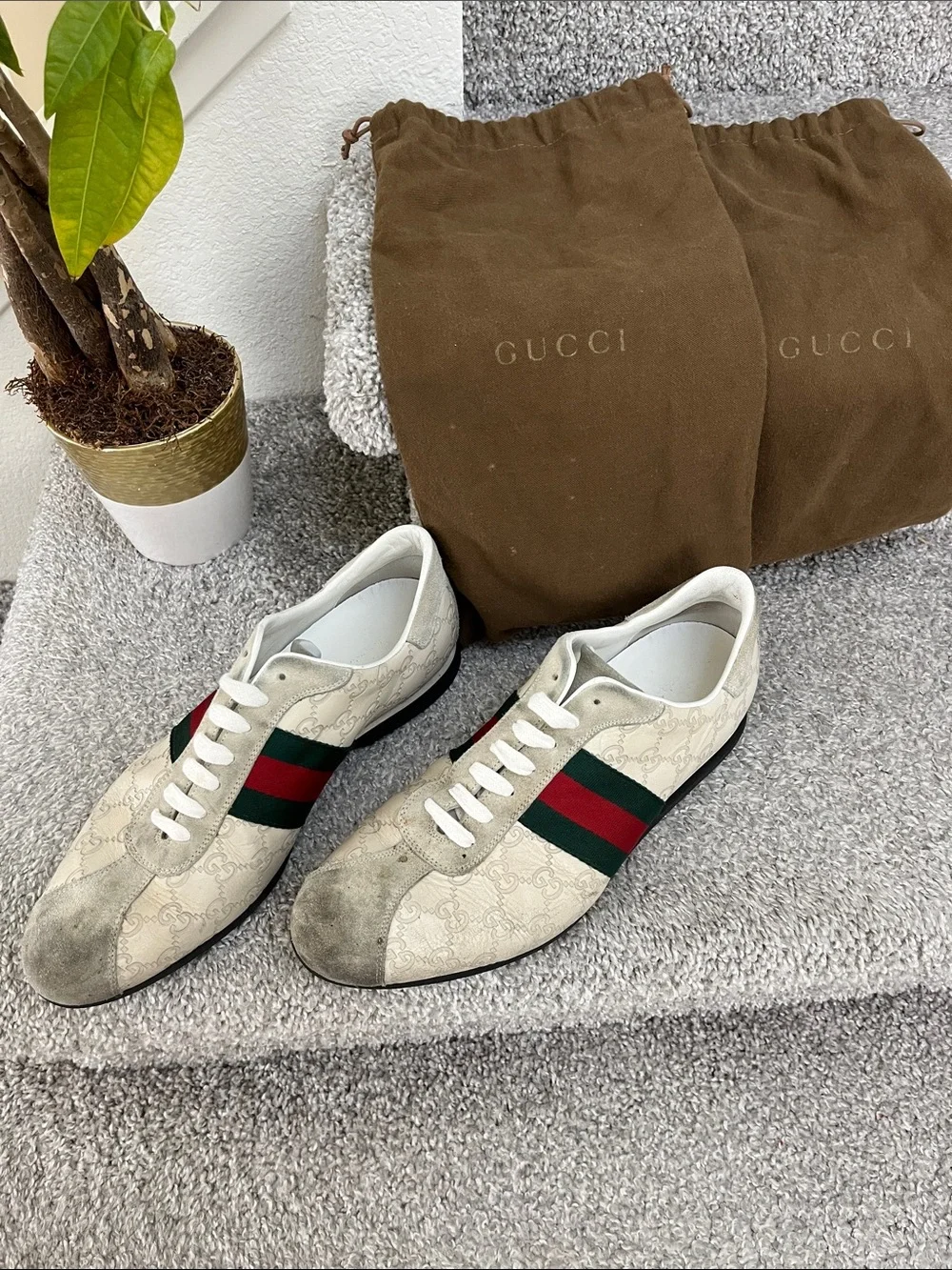Gucci Men's White GG Canvas Sneakers with Green-Red Stripe